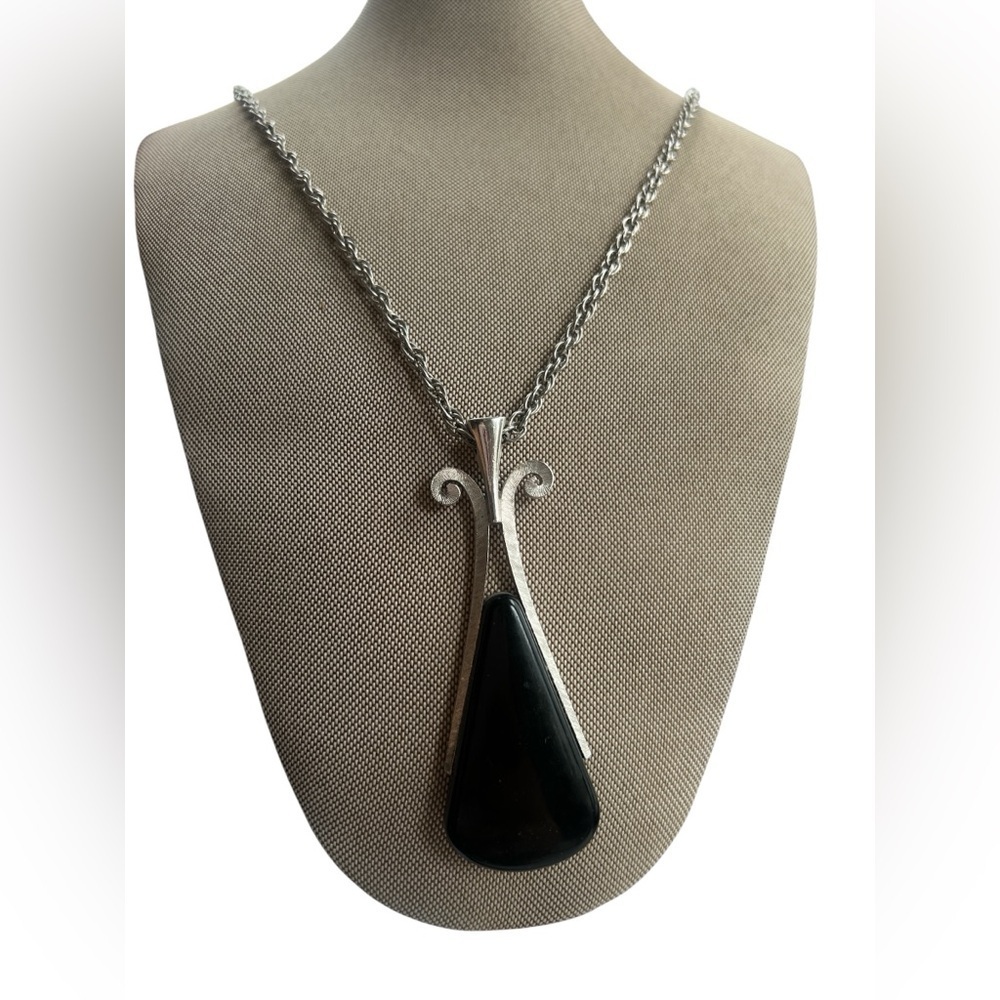 Vintage silver and black teardrop necklace mod medallion Necklace